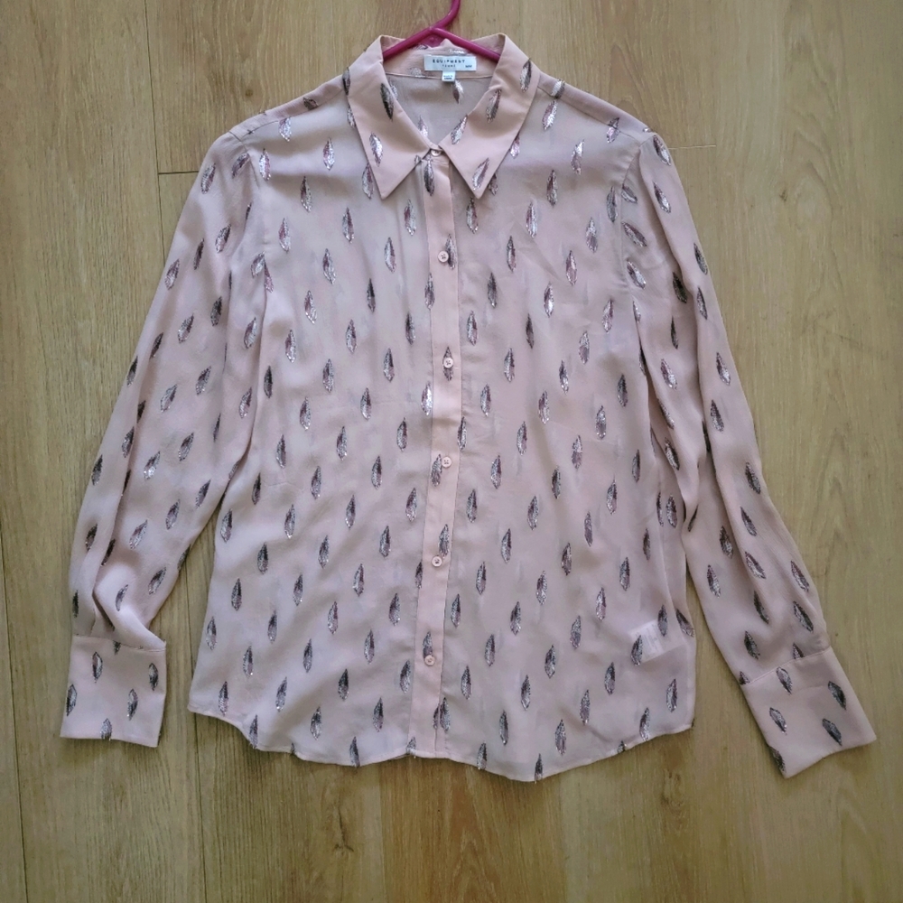 Equipment Bling Feather Blouse Pink and Silver Metallic